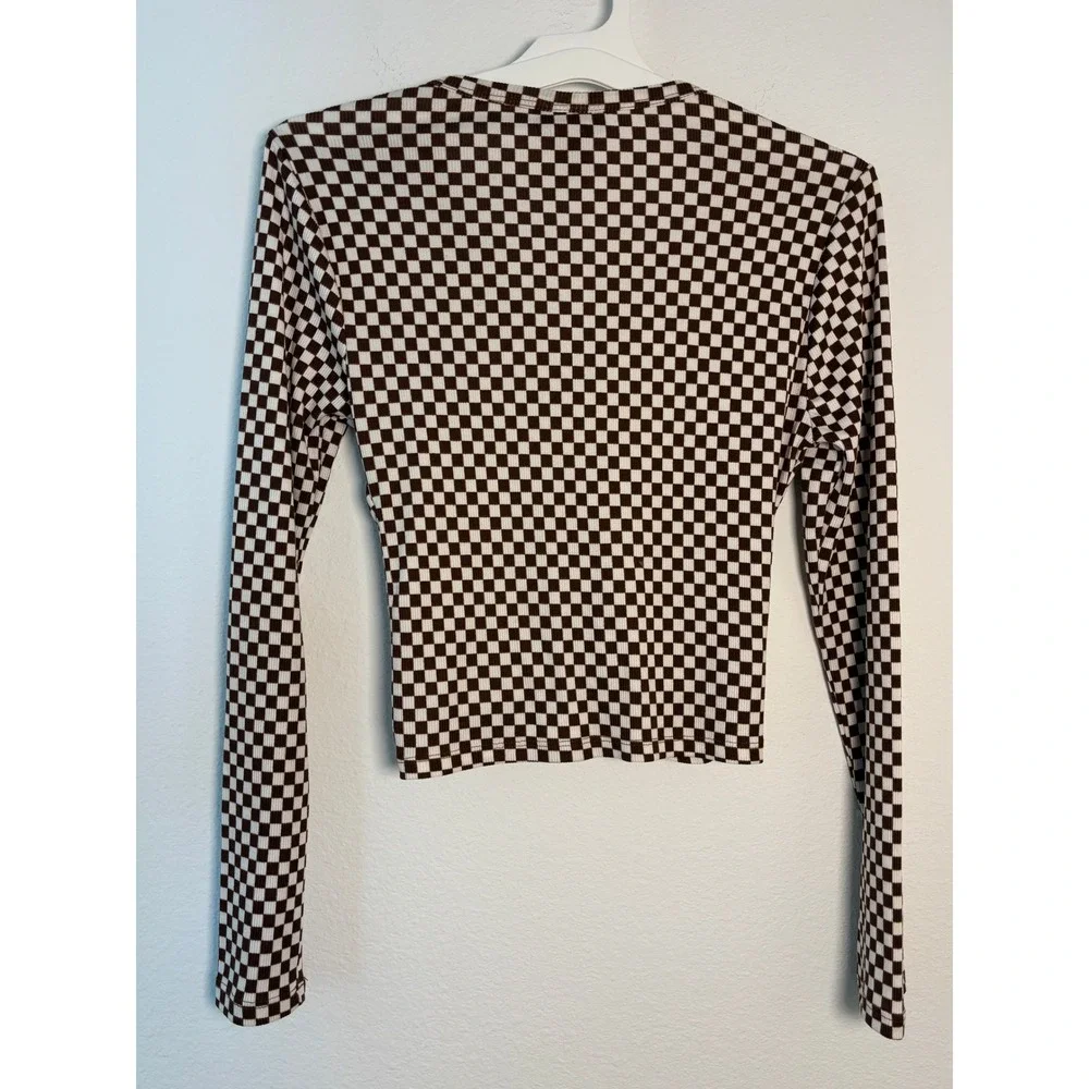 Just Polly New York Brown Checkered Long Sleeve Button Front Knot Crop Top Small